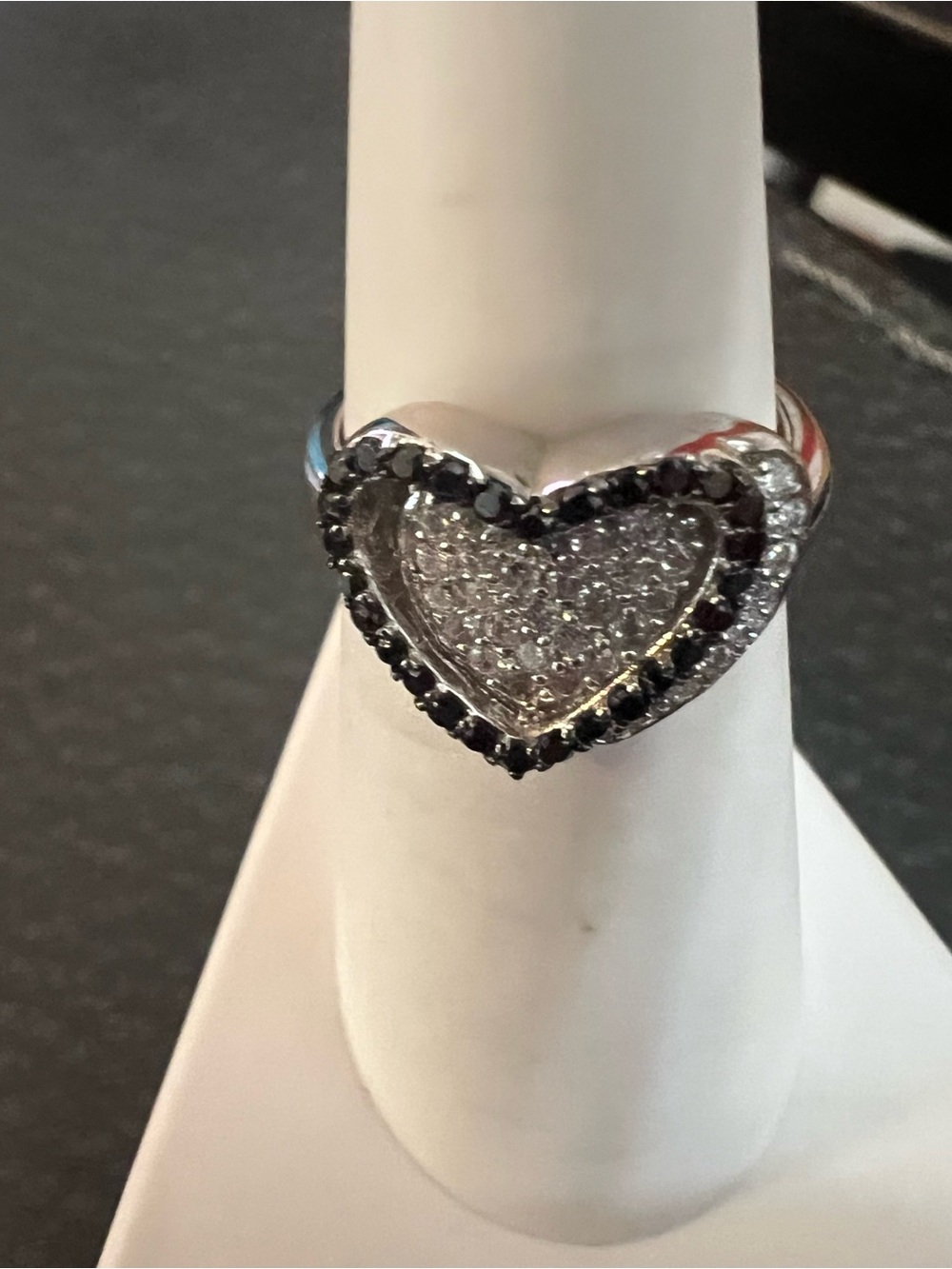 Silver Heart Ring with Black and Clear Stones - Women Jewelry